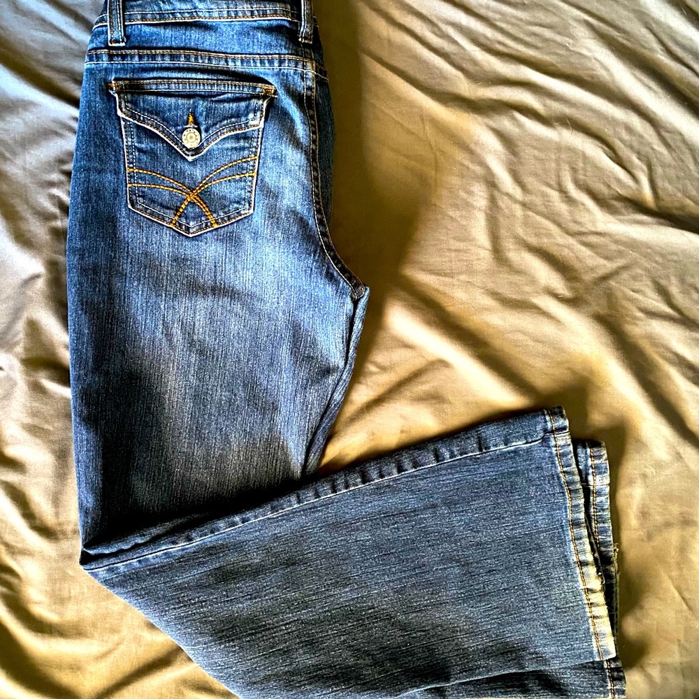 Jeans from a decade ago! Slightly low rise, lower leg slightly flared.